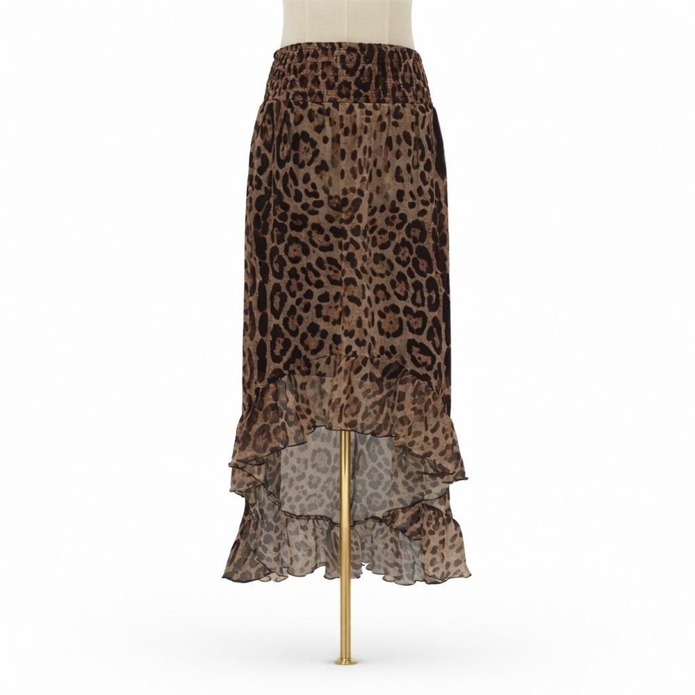Boston Proper Leopard Hi Low Midi Skirt Sheer Ruffle Boho Mobwife Animal Print